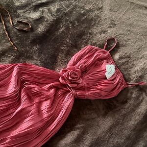 Current Air Rose Pink Pleated Midi Dress with Floral Accent